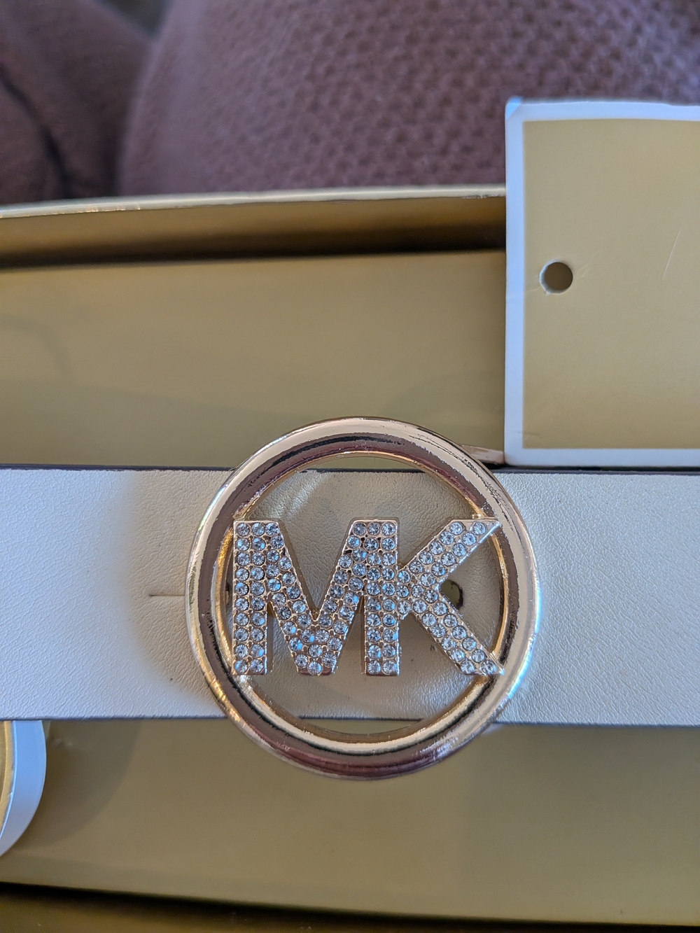 NIB Michael Kors Women's White Leather MK Logo Belt - Gold Buckle - Picture 12 of 12